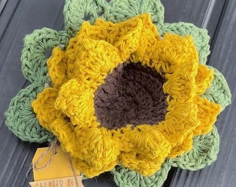 Crochet Sunflower Coaster Set with Flower Pot Holder: Rustic Home Decor