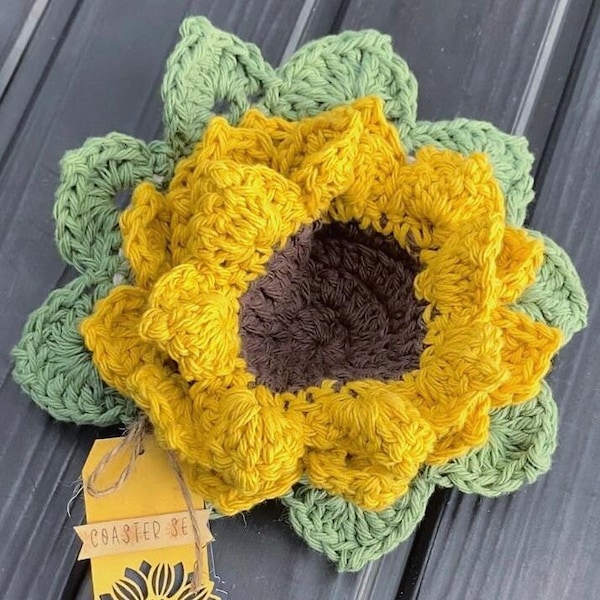 Crochet Sunflower Coaster Set with Flower Pot Holder: Rustic Home Decor