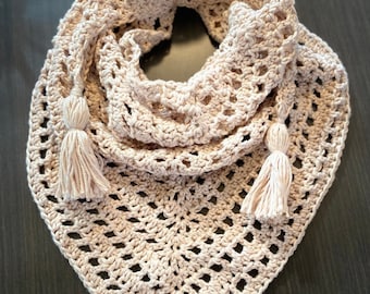 Crochet Boho Triangle Scarf - Crochet Boho Scarf - Lightweight Boho Scarf - Crocheted Boho Scarf for Women - Tassel Clothing