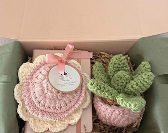 Crochet Self Care Gift Set with Journal | Handmade Succulent, Face Scrubbies