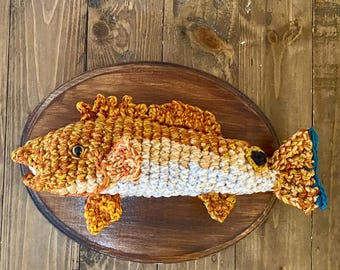 Crochet Mounted Redfish Wall Decor • Handmade Taxidermy Style Fish • Coastal Fishing Gift • Ready to Hang • Cabin Lake House Wall Art