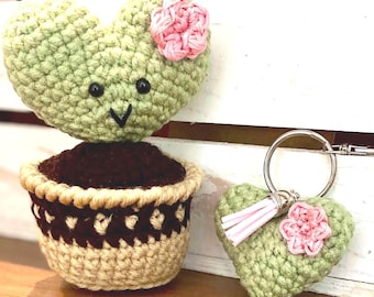 Crochet Cactus Set with Heart Keychain, Flower Pot, and Stuffed Plant