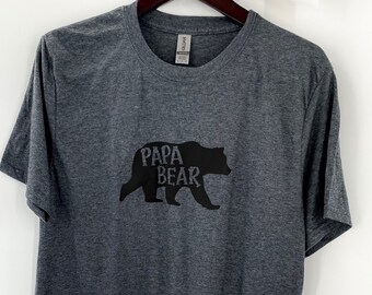 Papa Bear T-Shirt - Papa Bear Shirt - Papa Bear With Bear- Dark Great Heather Short Sleeved Shirt - Papa Bear