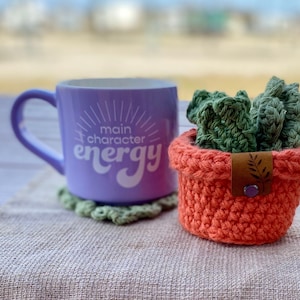 Monstera Coasters, Monstera leaf Coaster set in a Pot, TikTok viral, Crocheted Monstera Leaf Coaster Set and Pot, Crochet leaf Coasters image 10