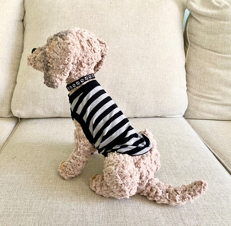 May include: A light brown plush dog toy wearing a black and grey striped top and a black collar with white paw prints. The toy is sitting on a beige sofa.