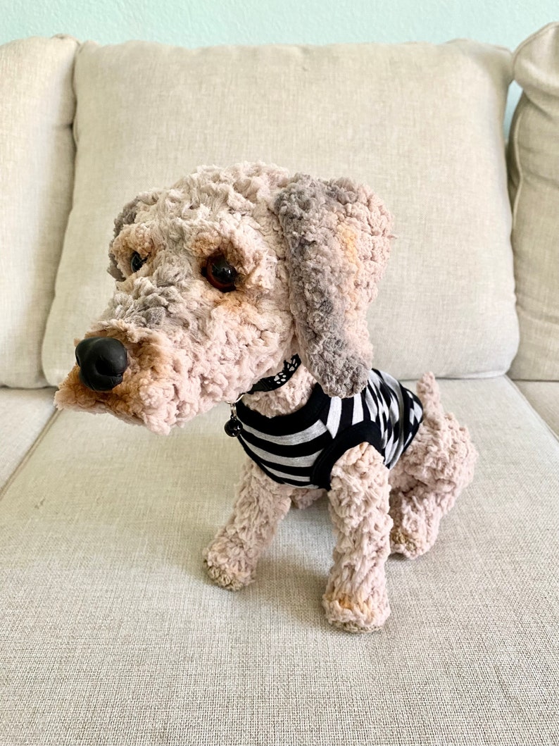 May include: A crocheted dog toy wearing a black and white striped top. The dog has a black nose, brown eyes, and a black collar. It is sitting on a beige sofa.