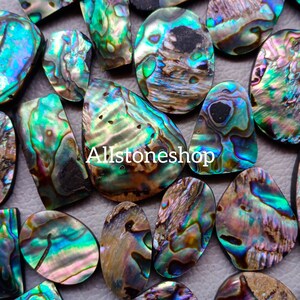 May include: A collection of iridescent abalone shell cabochons in various shapes and sizes. The shells have a beautiful green, blue, and purple iridescent sheen.