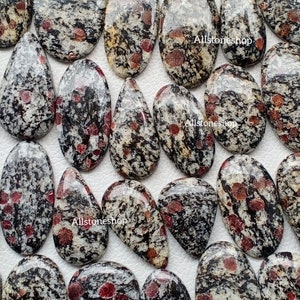 Peut inclure: Une collection de pierres précieuses polies avec un motif moucheté de noir, blanc et rouge. Les pierres ont des formes variées, ovales et en goutte. Le texte "Allstoneshop" est visible sur certaines pierres.