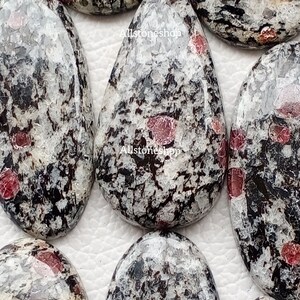 May include: Close-up of several polished stones with a speckled pattern. The stones are primarily white and grey, with black veining and small, red inclusions. The stones have a smooth, glossy finish and are teardrop-shaped.