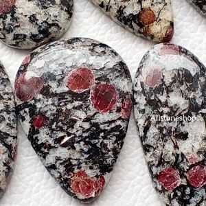 May include: Close-up of several polished gemstones with a speckled pattern. The stones have a mix of black, white, and red colours. The red appears in circular shapes throughout the stones. The gemstones are teardrop and oval shaped.