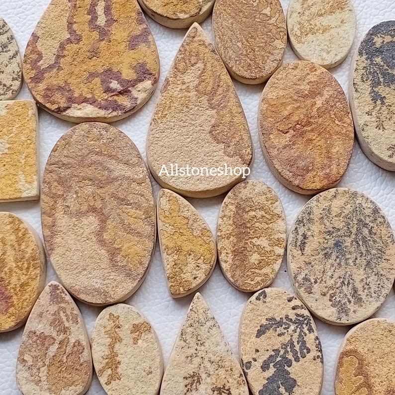 May include: Assortment of 17 natural stone cabochons in various shapes and sizes. The stones are a light beige color with brown and black dendritic patterns. The stones are arranged on a white surface. Allstoneshop is printed on the image.