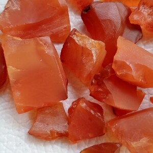 Puede incluir: Una colecci&oacute;n de piedras preciosas de cornalina, cada una con una forma y un tama&ntilde;o &uacute;nicos. La cornalina es de color rojo anaranjado intenso y tiene una superficie lisa y pulida.