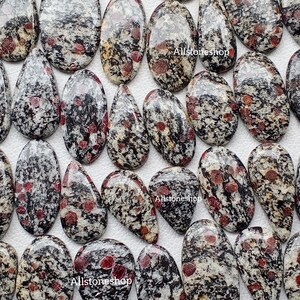 May include: A selection of polished gemstones with a speckled pattern of black, white, and red. The stones are oval and teardrop-shaped, with a smooth, glossy finish. The image includes the text "Allstoneshop".