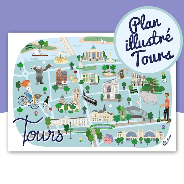 Plan de ville illustré Tours - Affiche Fine art A4 - Art digital - fait main - Touraine - La loire