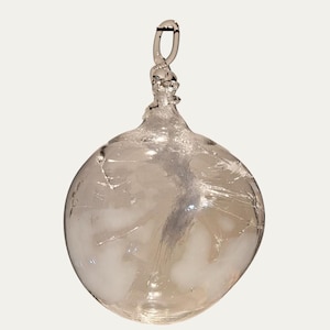 Boule De Noël Ancienne Verre Cristallin Soufflé - Blanc Marbré - Fabriquée En France