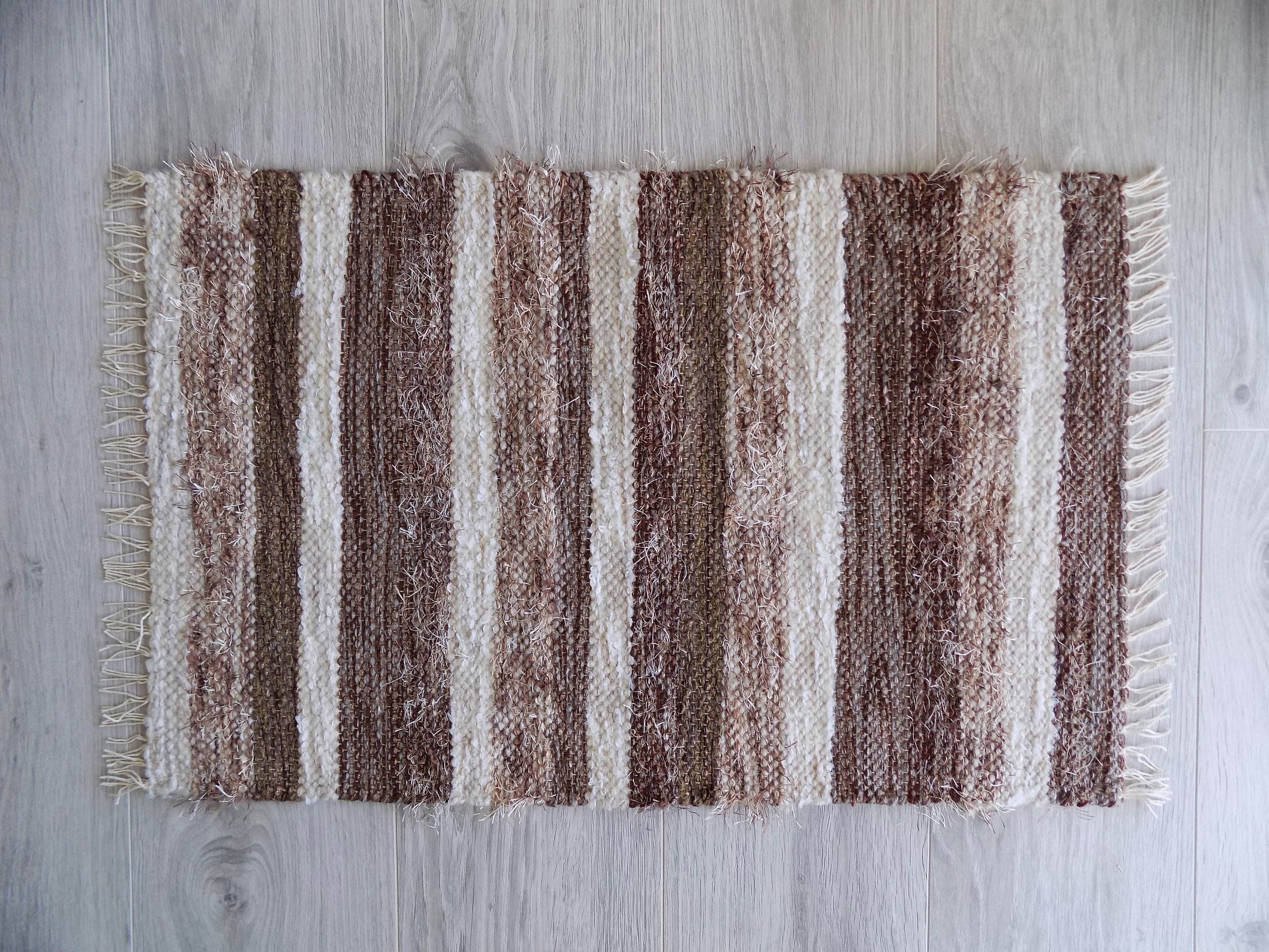 Brown and Beige Handwoven Rug Small Bath mat. Striped Rug Etsy
