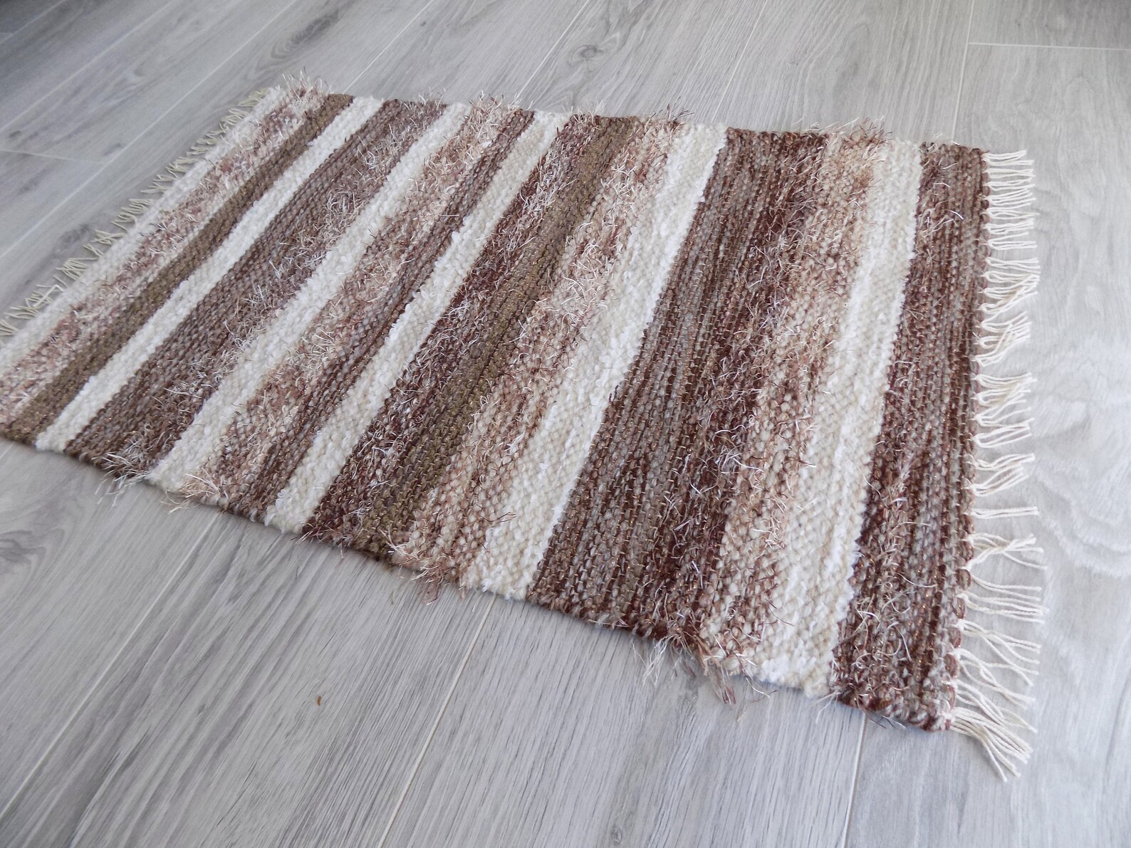 Brown and Beige Handwoven Rug Small Bath mat. Striped Rug Etsy