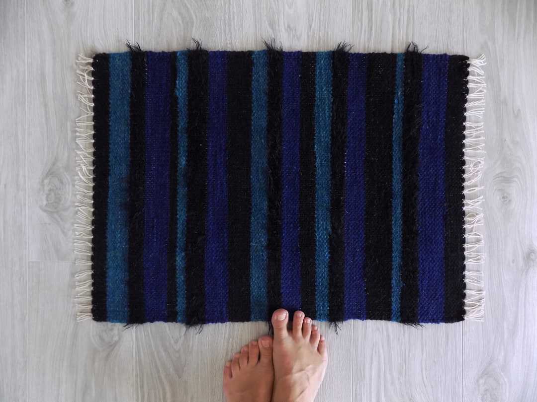 Small Woven Rug, Handwoven Floor Rug, Striped Bath Mat, Black Green and ...