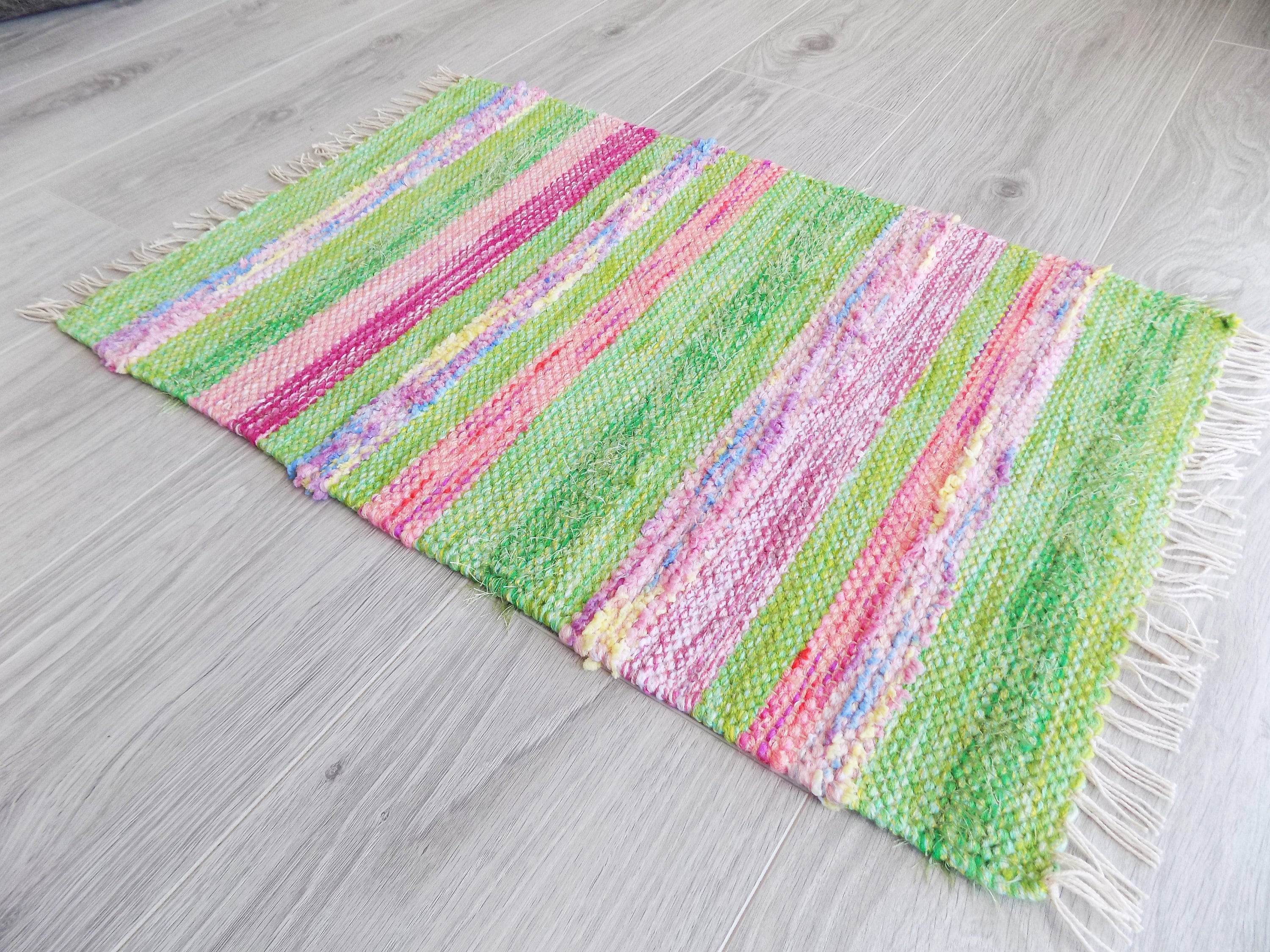 Bright Green Bath Mat With Pink Stripes Scandinavian Rug Etsy