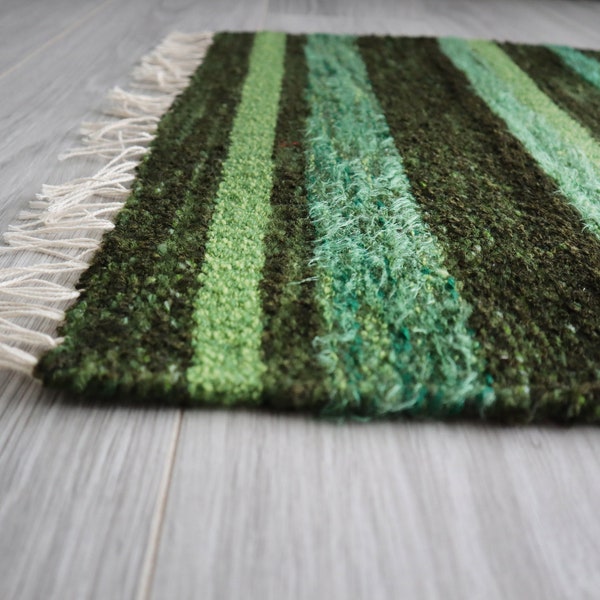 Woven Furry Rug like Moss, Green Bath mat ,Small Bedroom Rug, Floor Carpet, Handwoven Striped rug, Scandinavian Bathroom rug, Toilet Rag Rug