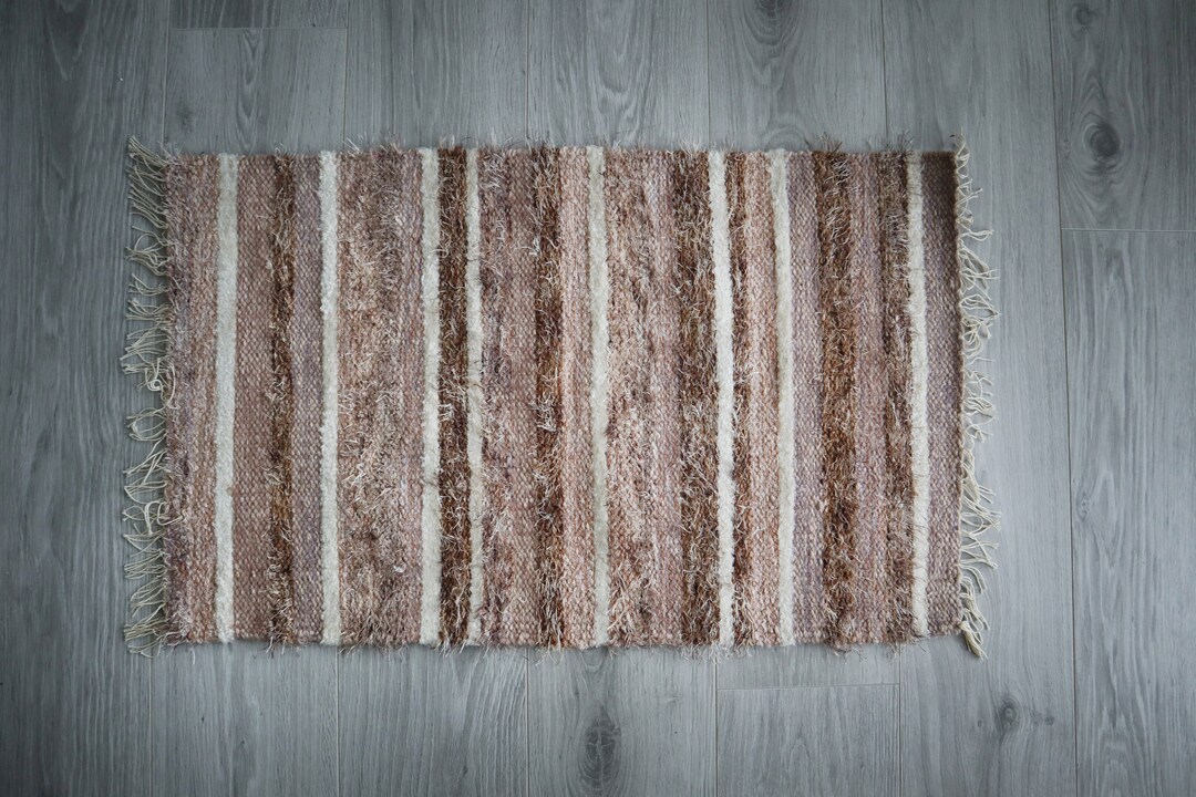 Scandinavian Rug, Peach Handwoven Floor Rug, Striped Woven Bath Mat