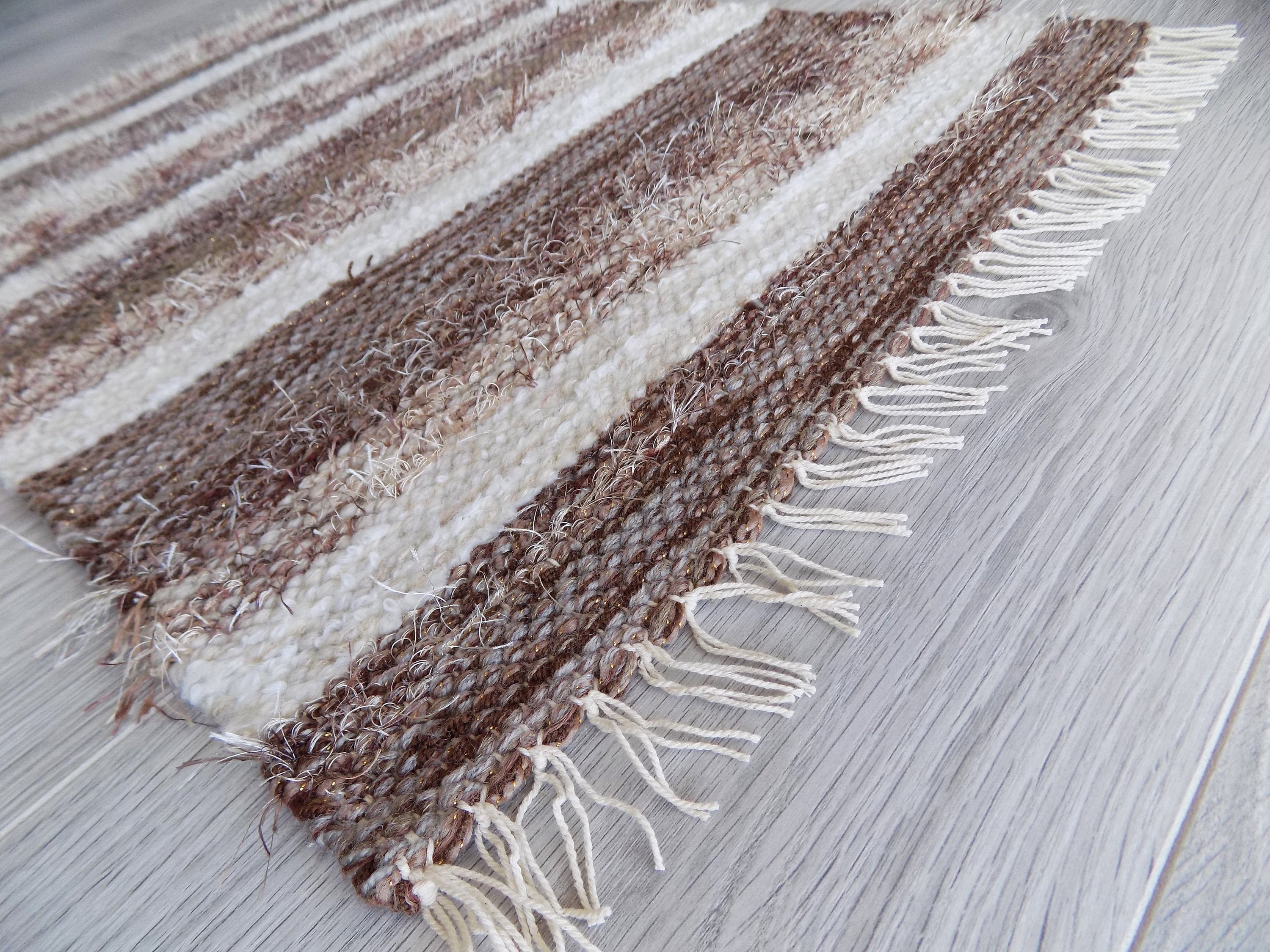 Brown and Beige Handwoven Rug Small Bath mat. Striped Rug Etsy
