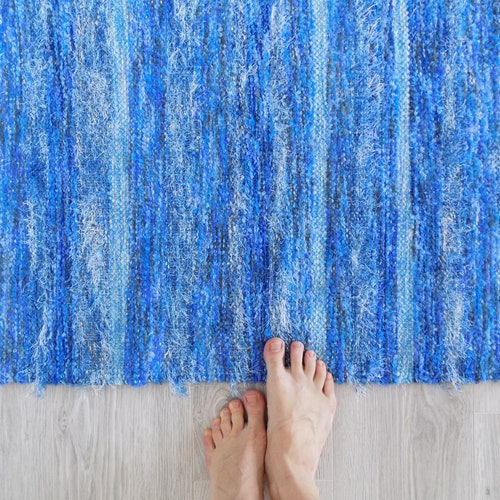 Handwoven Runner Rug, Blue Striped Rug, Bedroom shops Mat, Rustic Decor, Kitchen Floor Rag Rug, Soft Childroom Carpet, Scandinavian Textile