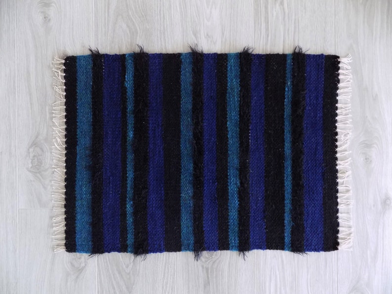 Small Woven Rug Handwoven Floor Rug Striped Bath Mat Black Etsy