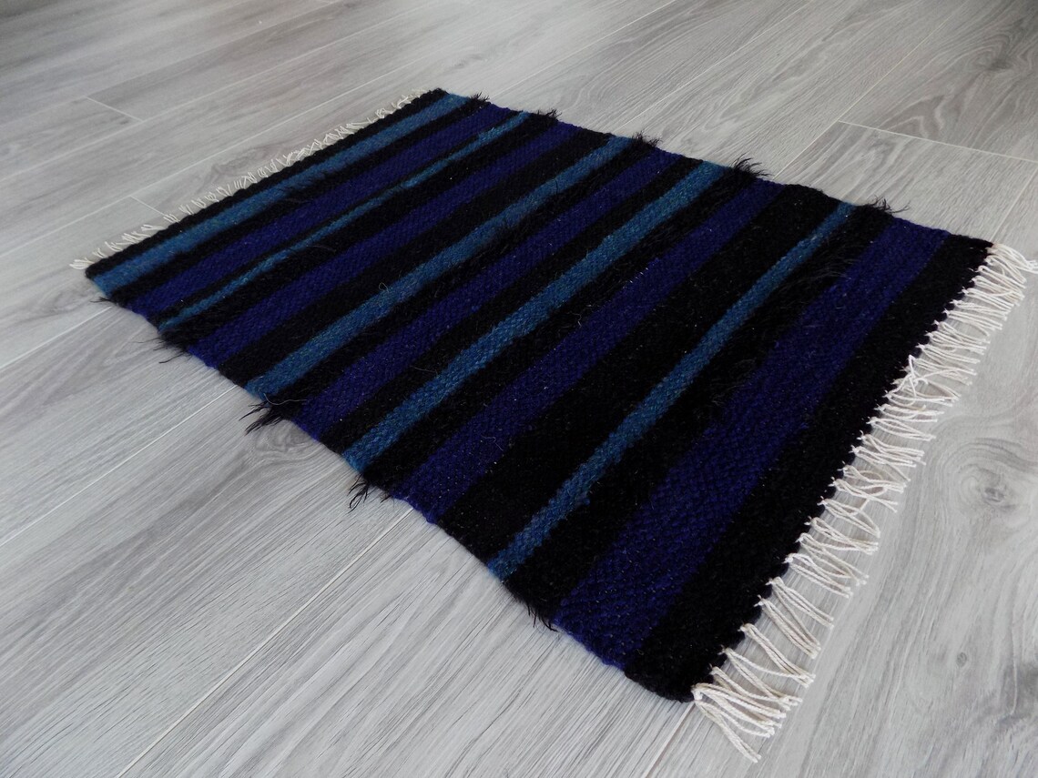 Small Woven Rug Handwoven Floor Rug Striped Bath Mat Black Etsy