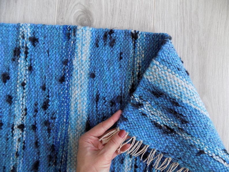 Blue woven Rag Rug soft Bath rug with tassels and knots Etsy
