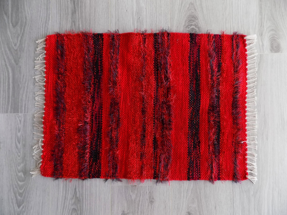 Red striped Rug Carpet with tassels and knots Floor Rug Etsy