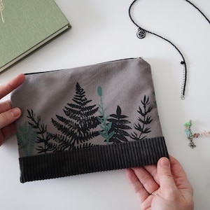 Borsa per il trucco con cerniera, borsa per cosmetici, astuccio in cotone e velluto con motivo botanico originale, organizer con impronta di mano, beauty case
