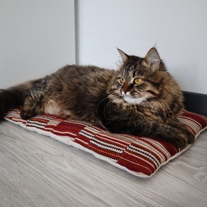 May include: A brown tabby cat with yellow eyes is lying on a red and white striped pillow. The cat is looking to the right of the image.