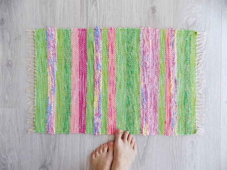 Bright Green Bath Mat With Pink Stripes Scandinavian Rug Etsy Sweden