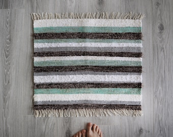 White, Brown and Mint Green Striped Handwoven Rug, Small Carpet, Bathroom Mat, Woven Scandinavian rug, Rug for Bedroom, Rag Rug, Doormat