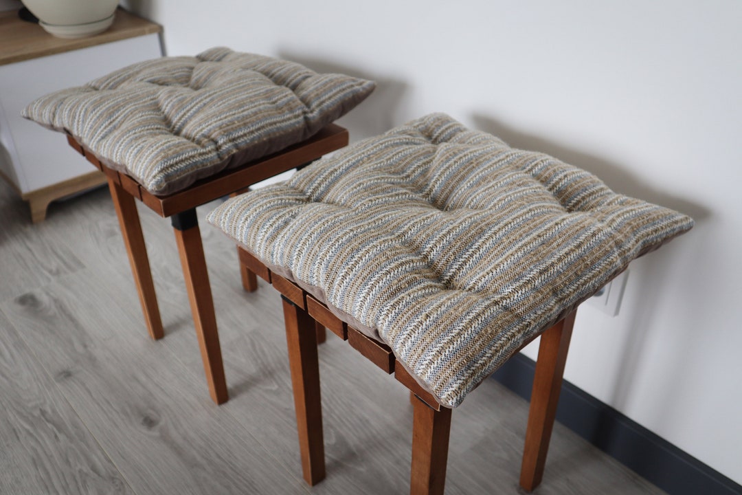 Set of 6 Chair Cushions, Beige and Blue Chair Pads Scandinavian Little