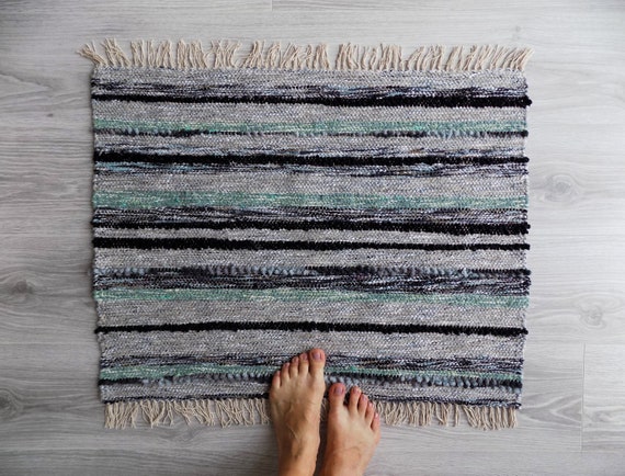 Gray And Mint Green Rug Scandinavian Bath Mat Handwoven Etsy
