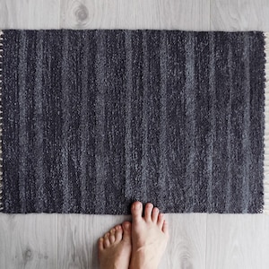 Scandinavian Rug, Dark Gray Handwoven Floor Rug, Striped Woven Bath Mat, Small Bathroom Carpet, Pet Mat, Welcome Mat, Door mat, Bedroom rug