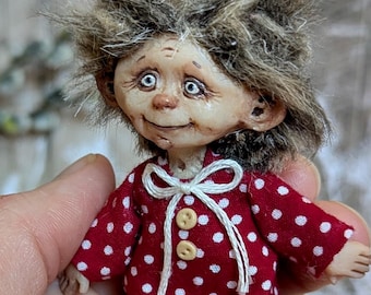 Small art doll Brownie, OOAK handmade polymer doll, detailed poseable doll, tiny interior pose doll, funny little goblin, cute boy gnome
