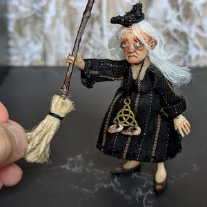 Small art doll Witch, OOAK handmade polymer doll, creepy cute Baba Yaga,detailed pose doll, tiny interior custom doll, rustic fantasy granny