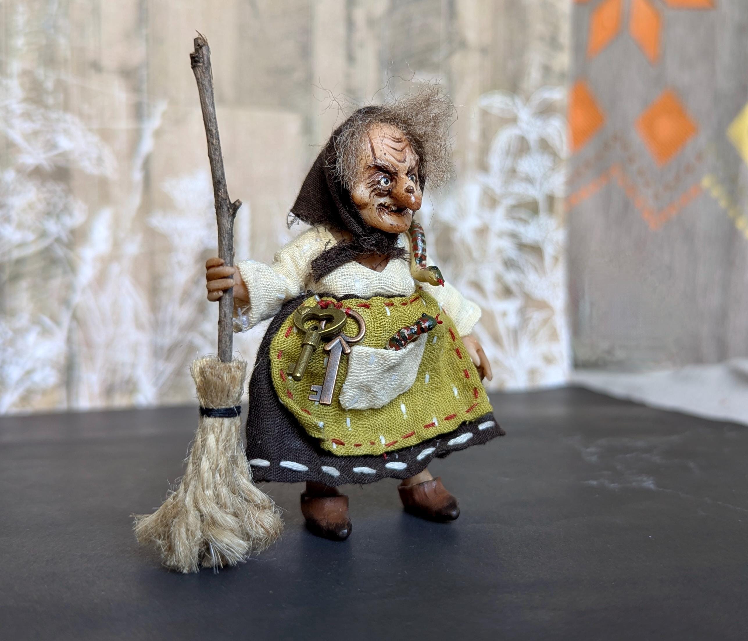 Small Art Doll Baba Yaga With Snakes and Broom - OOAK Handmade Pose ...
