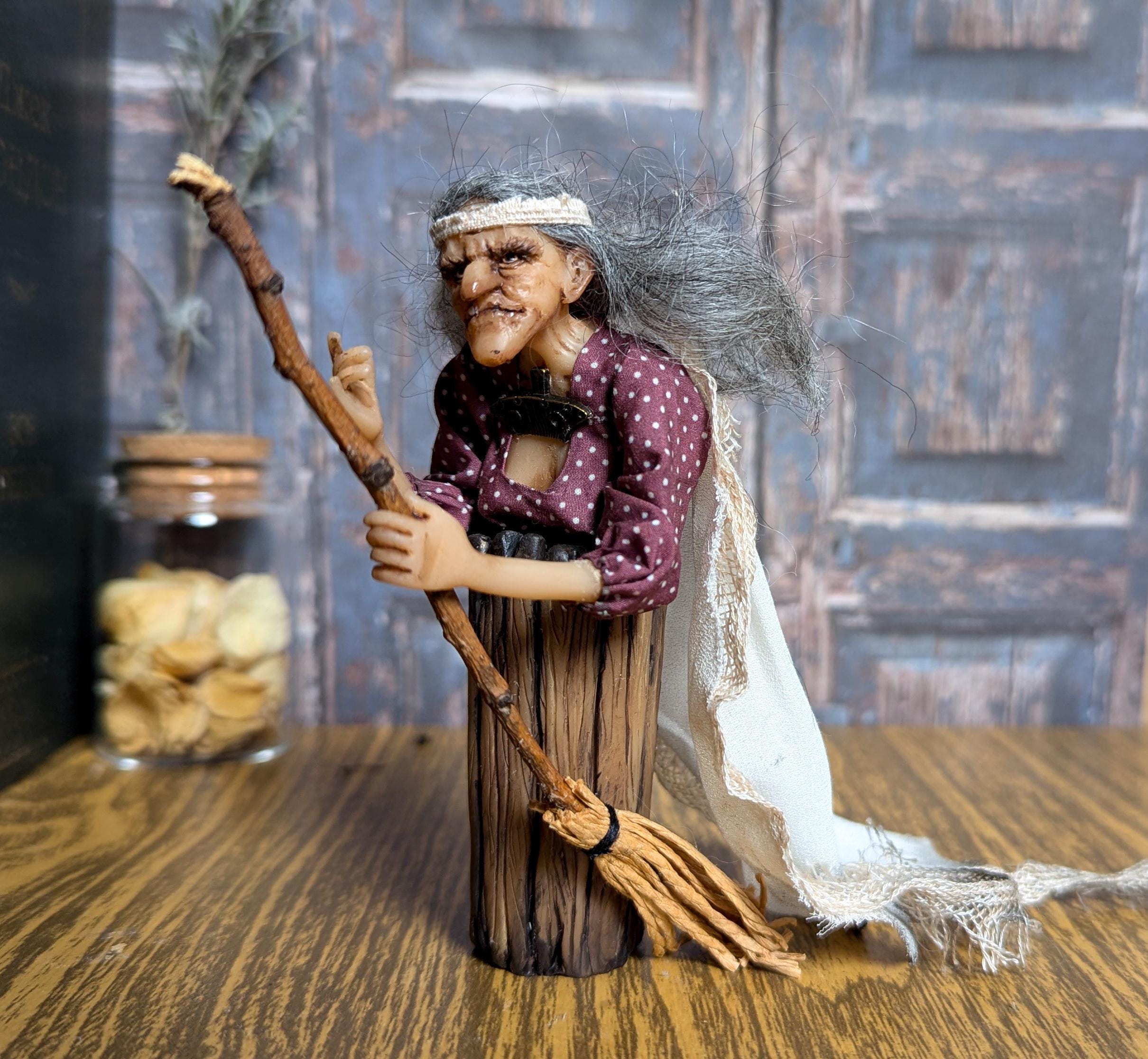Small art doll Baba Yaga, OOAK handmade polymer doll, realistic detailed creature, creepy hanging decor, custom wicked witch, authors doll