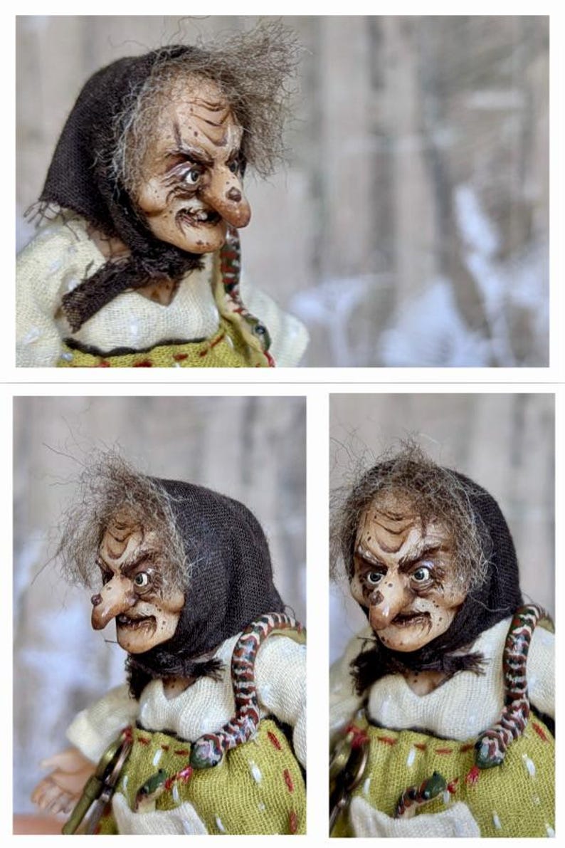 Small Art Doll Baba Yaga With Snakes and Broom - OOAK Handmade Pose ...