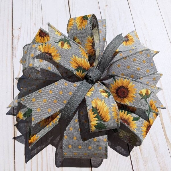 Gray and Sunflower Yellow Fall Wreath or Lantern Bow, Country Farmhouse Gray and Yellow Autumn Bow, Sunflower and Polka Dot Bow