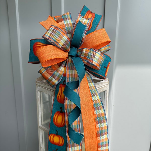 Fall Teal and Orange Pumpkin and Plaid Bow for Wreaths Lanterns Swags or Doors, Country Farmhouse Teal Blue & Orange Fall Bow, Fall Teal Bow