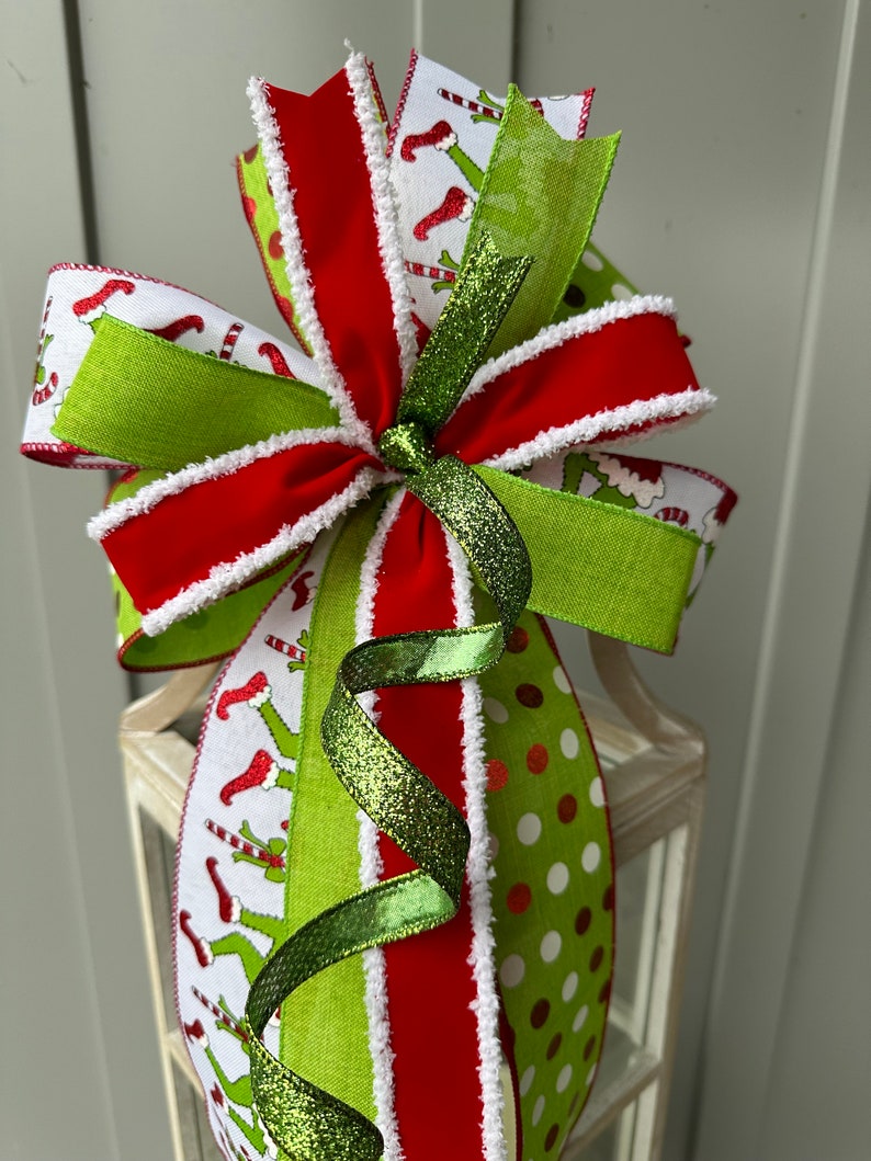 Big Green Monster, Lime Green and Red Grinch Christmas Bow, Glittery Lime Green and Red Polka Dot Holiday Bow for Wreath Swag Door or Mantle image 6