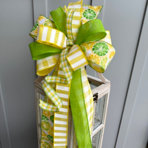 Spring and Summer Lemon and Lime Wreath Bow, Country Farmhouse Lantern Bow in Yellow White and Lime Green Print Plaid Stripes and Checks