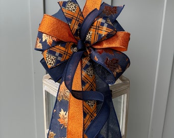 Fall Navy Blue & Copper Metallic Maple Leaf Bow for Wreaths Lanterns Swags, Country Farmhouse Cheetah Print Fall Bow, Blue Orange Plaid Bow