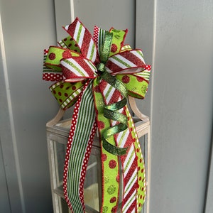 Sparkly Lime Green Red and White Christmas Bow, Grinch Colored Polka Dot and Striped Holiday Bow for Wreath Swag Mantle or Door, Green Bow