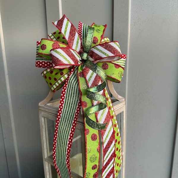 Sparkly Lime Green Red and White Christmas Bow, Grinch Colored Polka Dot and Striped Holiday Bow for Wreath Swag Mantle or Door, Green Bow